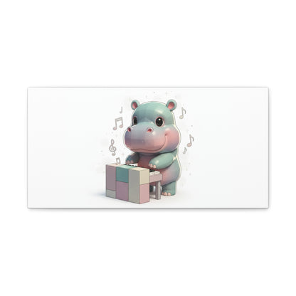 Cute Hippo Playing Piano Matte Canvas Print — Nursery Wall Art