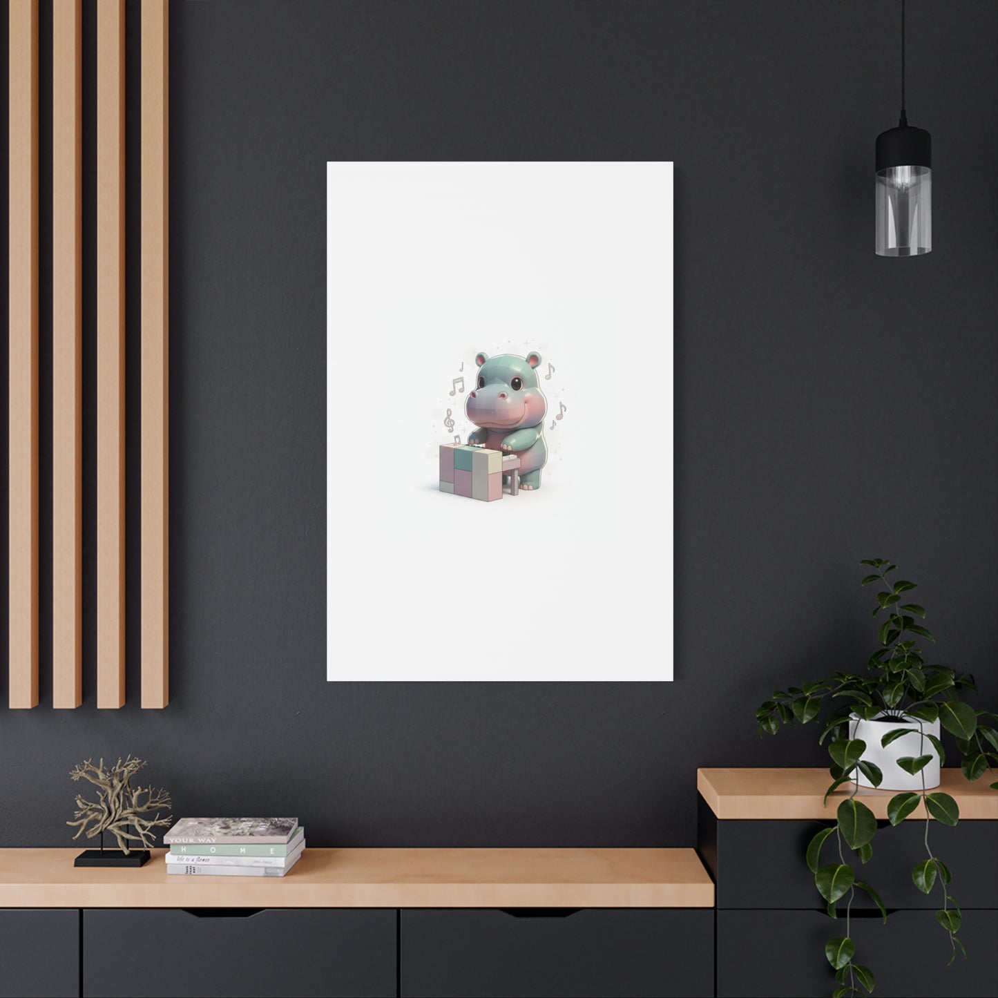 Cute Hippo Playing Piano Matte Canvas Print — Nursery Wall Art
