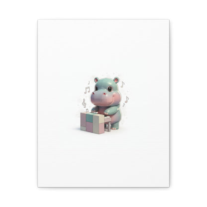 Cute Hippo Playing Piano Matte Canvas Print — Nursery Wall Art