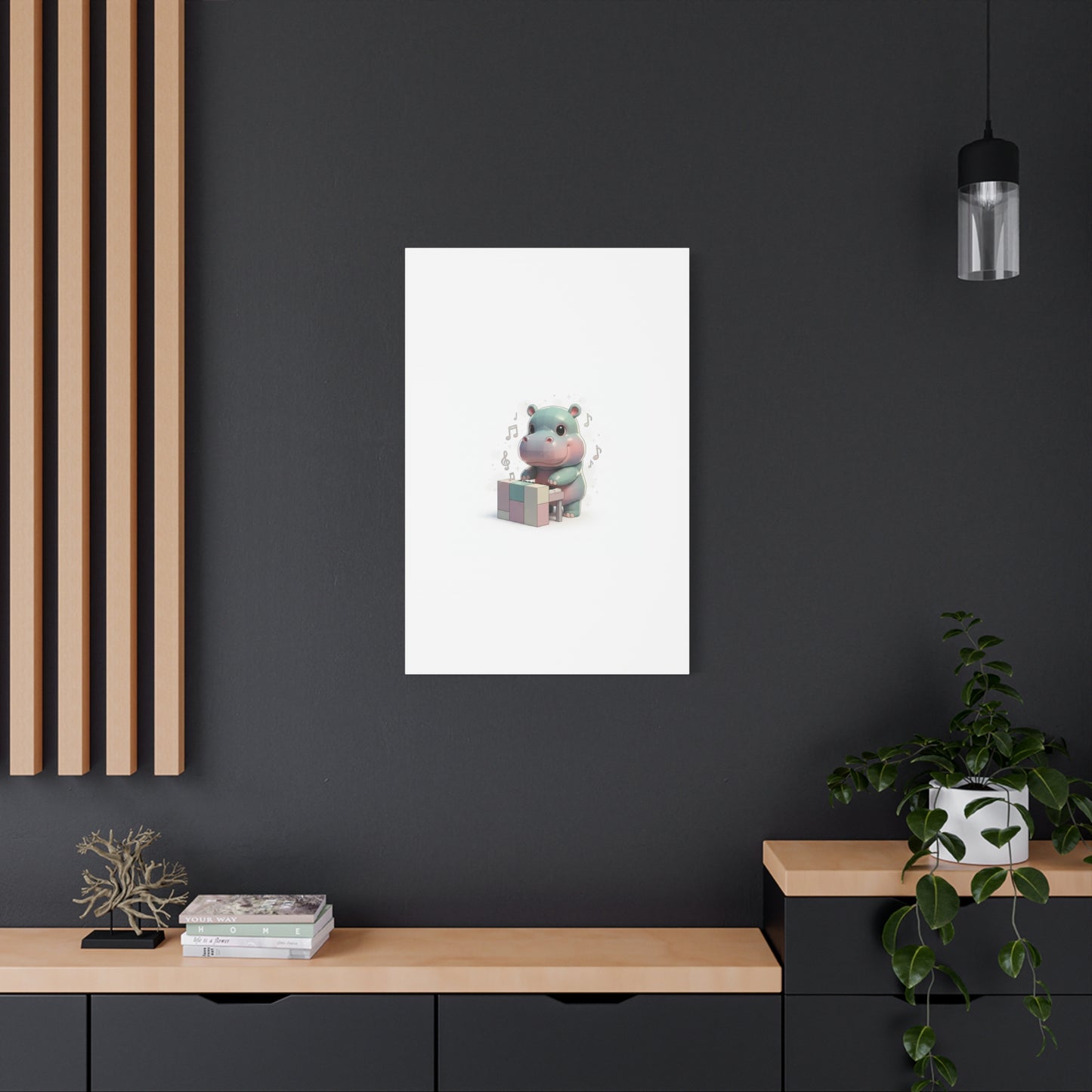 Cute Hippo Playing Piano Matte Canvas Print — Nursery Wall Art
