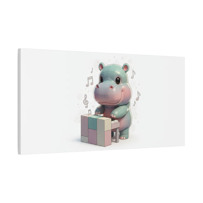 Cute Hippo Playing Piano Matte Canvas Print — Nursery Wall Art