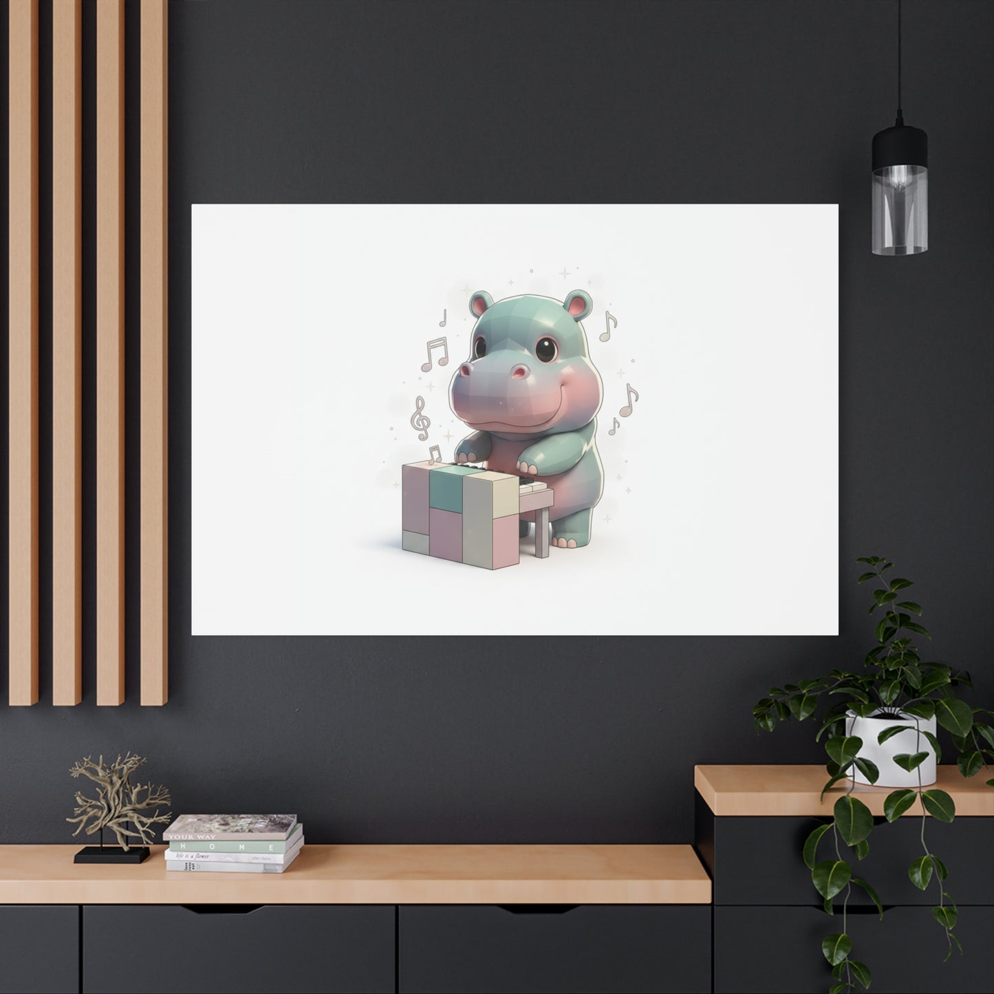Cute Hippo Playing Piano Matte Canvas Print — Nursery Wall Art