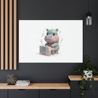 Cute Hippo Playing Piano Matte Canvas Print — Nursery Wall Art
