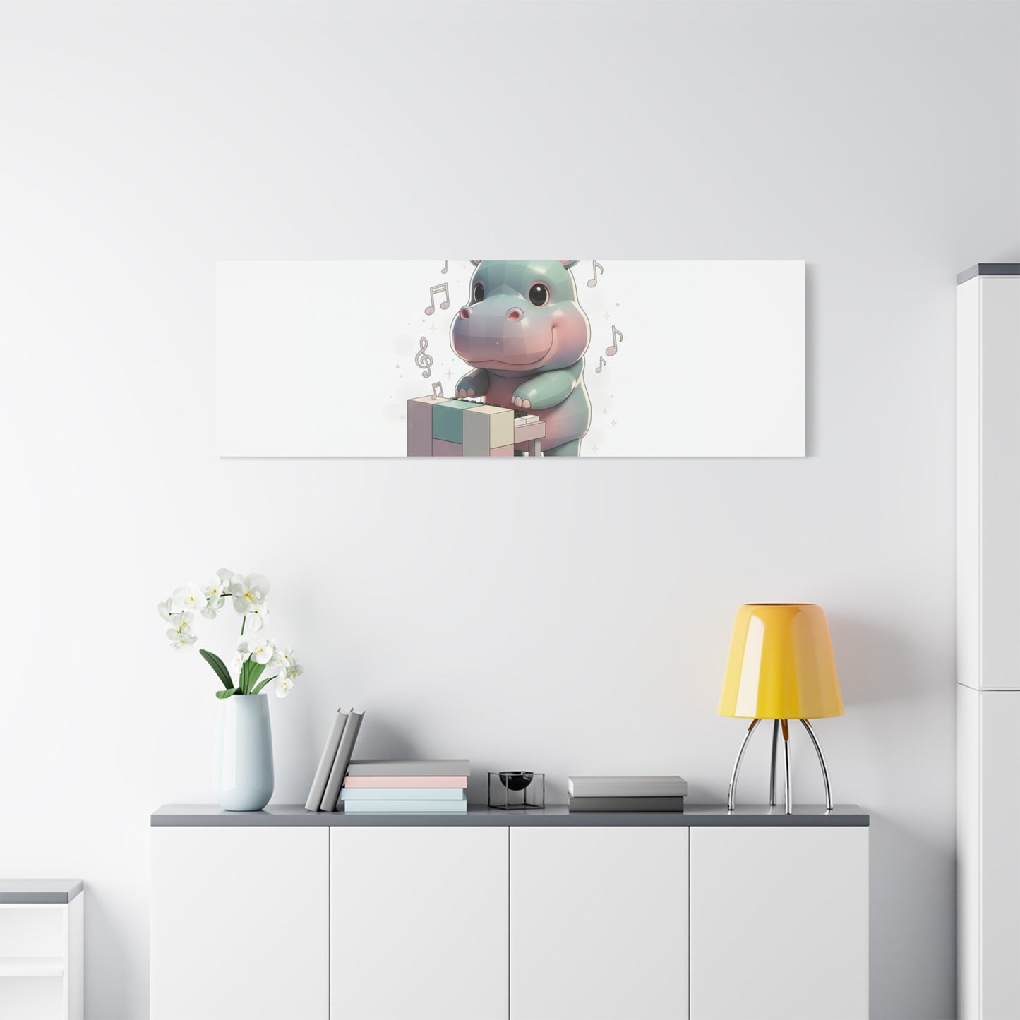 Cute Hippo Playing Piano Matte Canvas Print — Nursery Wall Art