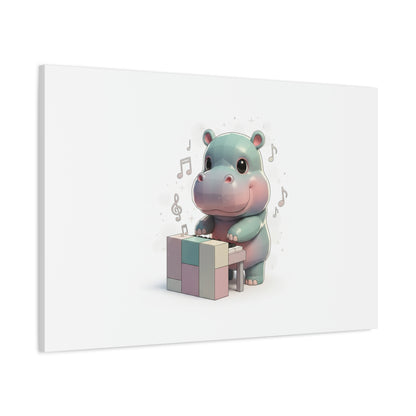 Cute Hippo Playing Piano Matte Canvas Print — Nursery Wall Art