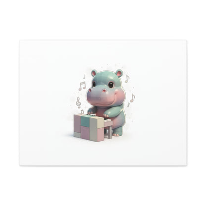 Cute Hippo Playing Piano Matte Canvas Print — Nursery Wall Art