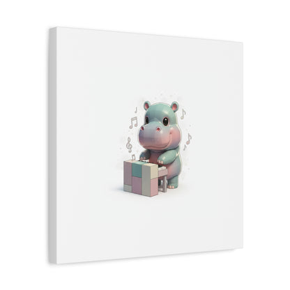 Cute Hippo Playing Piano Matte Canvas Print — Nursery Wall Art