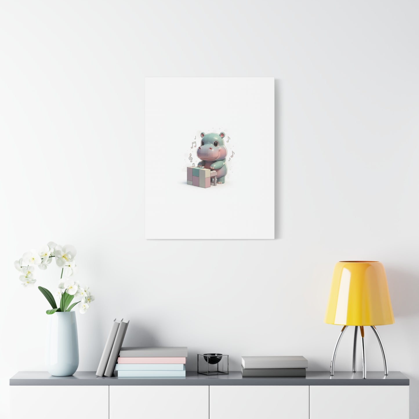 Cute Hippo Playing Piano Matte Canvas Print — Nursery Wall Art