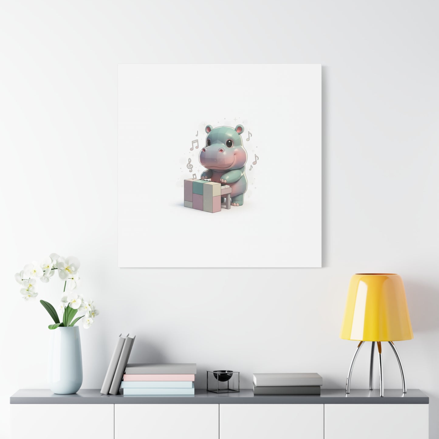 Cute Hippo Playing Piano Matte Canvas Print — Nursery Wall Art