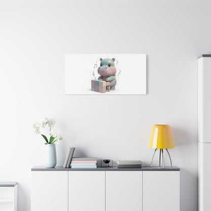 Cute Hippo Playing Piano Matte Canvas Print — Nursery Wall Art