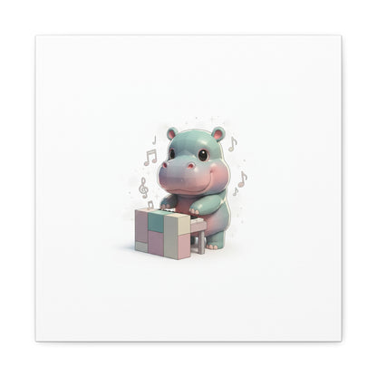 Cute Hippo Playing Piano Matte Canvas Print — Nursery Wall Art