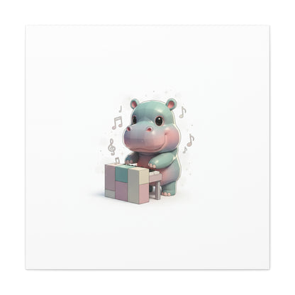 Cute Hippo Playing Piano Matte Canvas Print — Nursery Wall Art