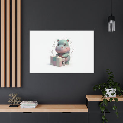 Cute Hippo Playing Piano Matte Canvas Print — Nursery Wall Art