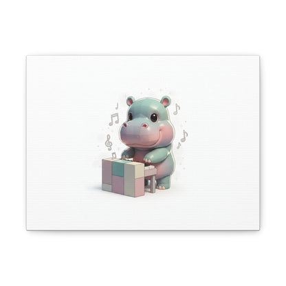Cute Hippo Playing Piano Matte Canvas Print — Nursery Wall Art