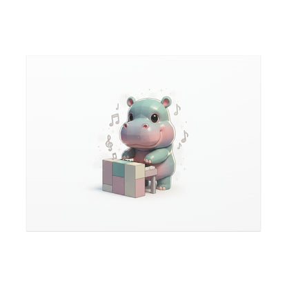 Cute Hippo Playing Piano Matte Canvas Print — Nursery Wall Art