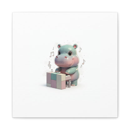Cute Hippo Playing Piano Matte Canvas Print — Nursery Wall Art