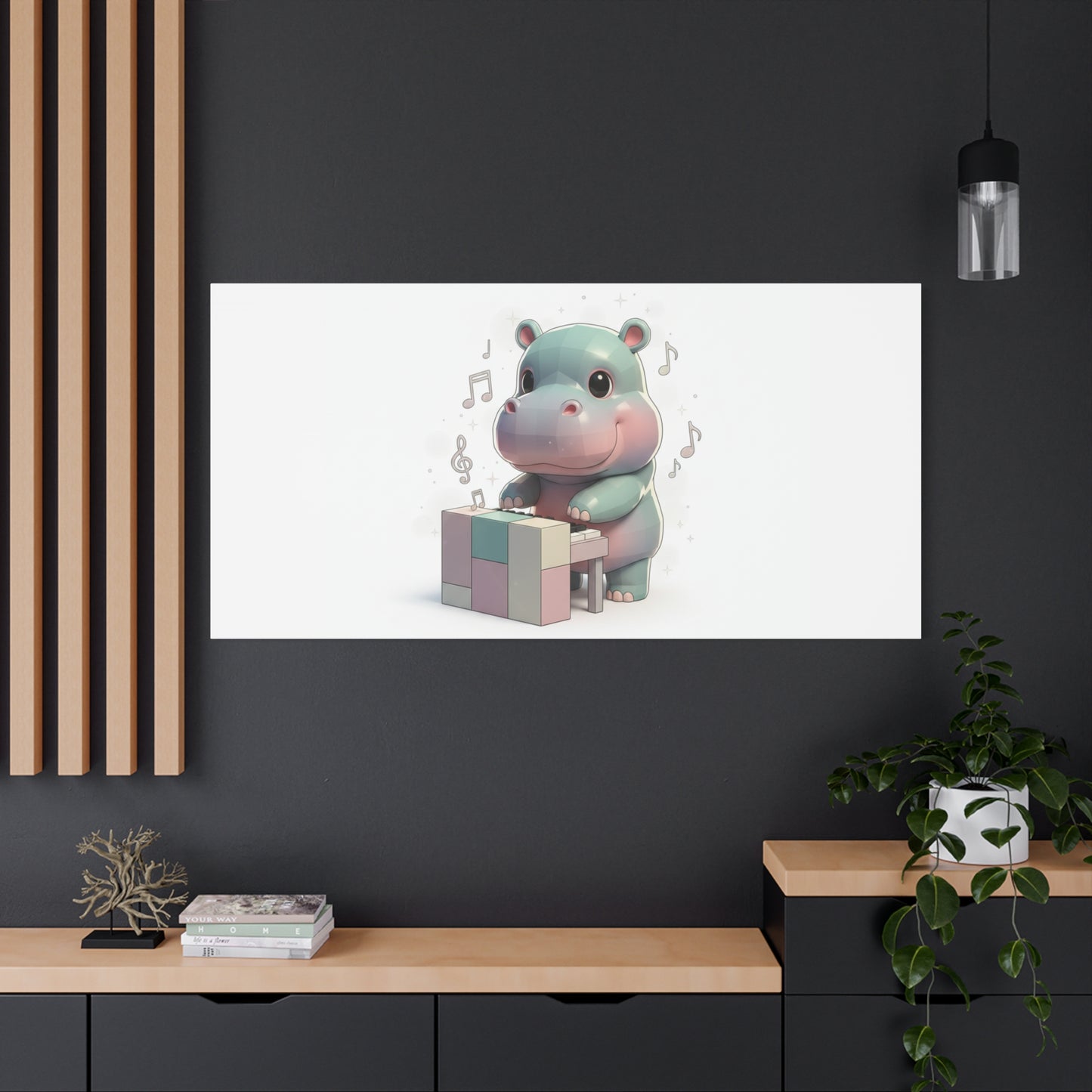 Cute Hippo Playing Piano Matte Canvas Print — Nursery Wall Art