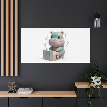 Cute Hippo Playing Piano Matte Canvas Print — Nursery Wall Art