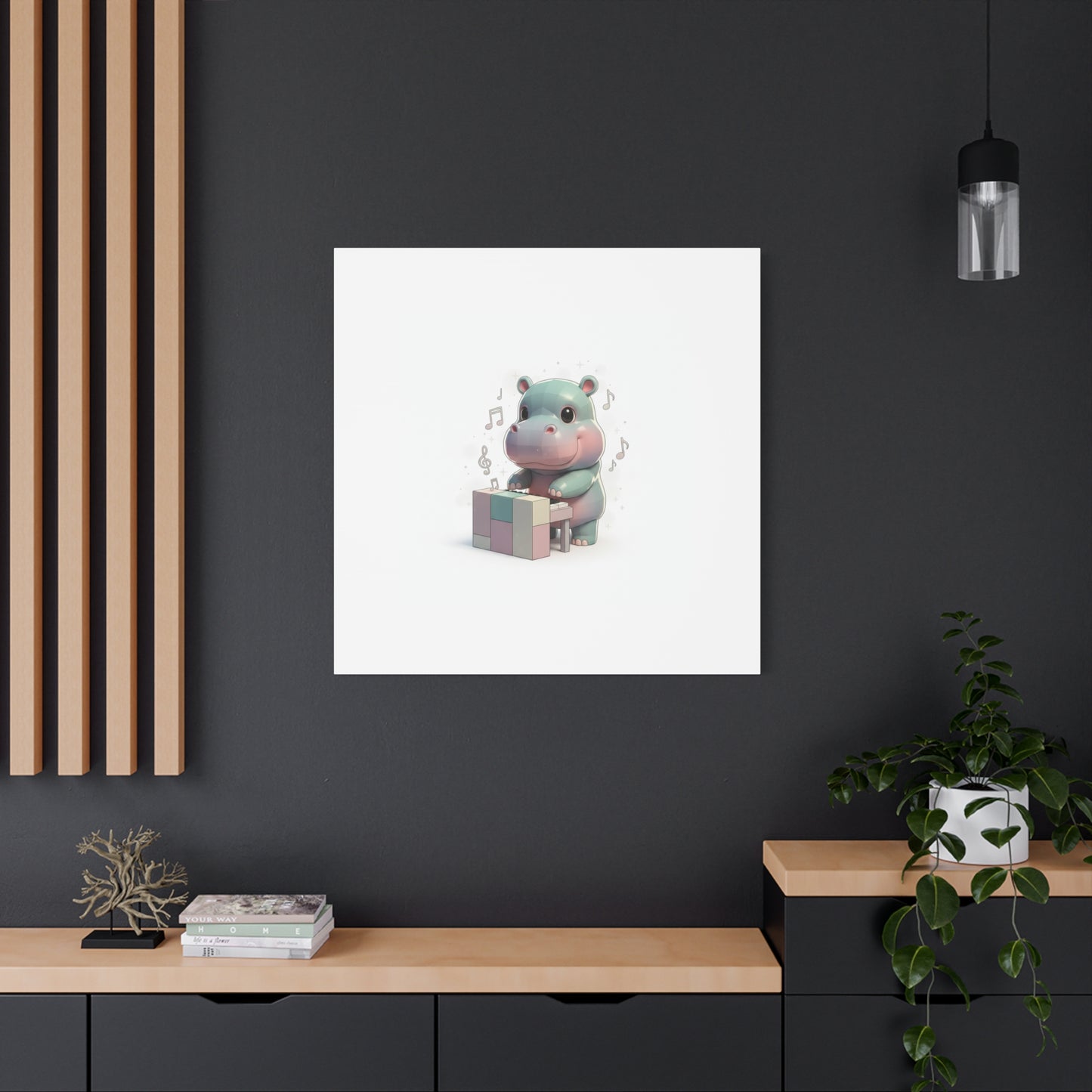 Cute Hippo Playing Piano Matte Canvas Print — Nursery Wall Art