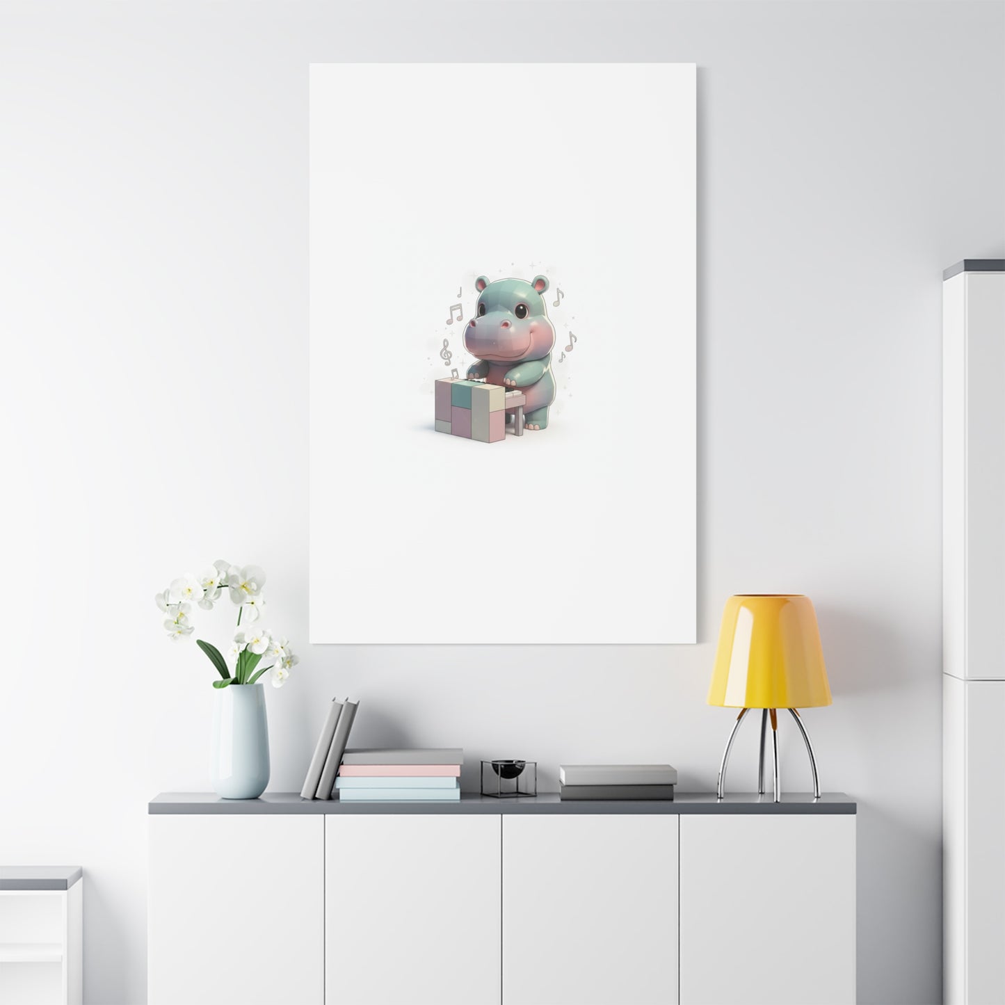 Cute Hippo Playing Piano Matte Canvas Print — Nursery Wall Art