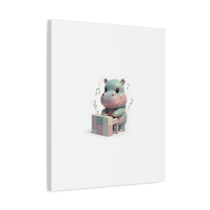 Cute Hippo Playing Piano Matte Canvas Print — Nursery Wall Art