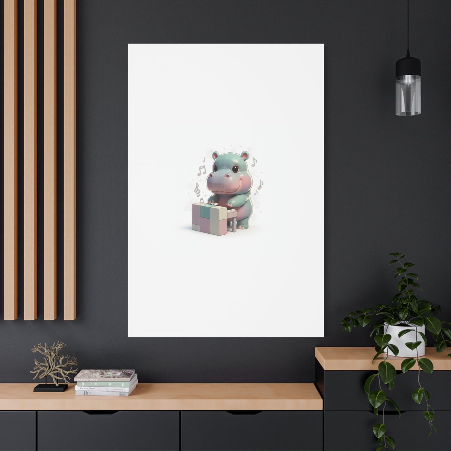 Cute Hippo Playing Piano Matte Canvas Print — Nursery Wall Art