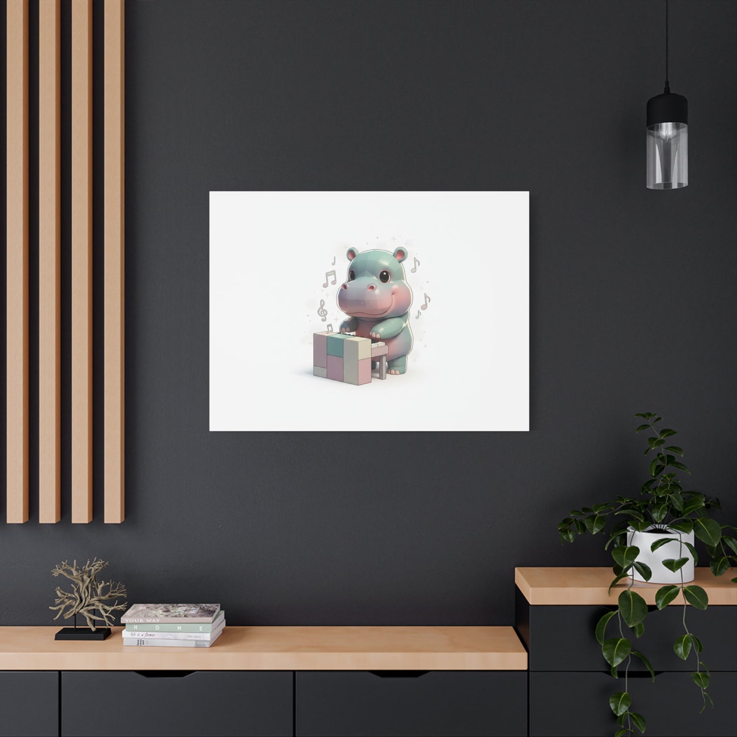 Cute Hippo Playing Piano Matte Canvas Print — Nursery Wall Art