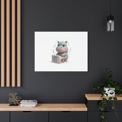 Cute Hippo Playing Piano Matte Canvas Print — Nursery Wall Art