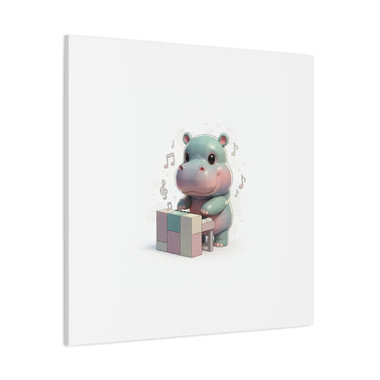 Cute Hippo Playing Piano Matte Canvas Print — Nursery Wall Art