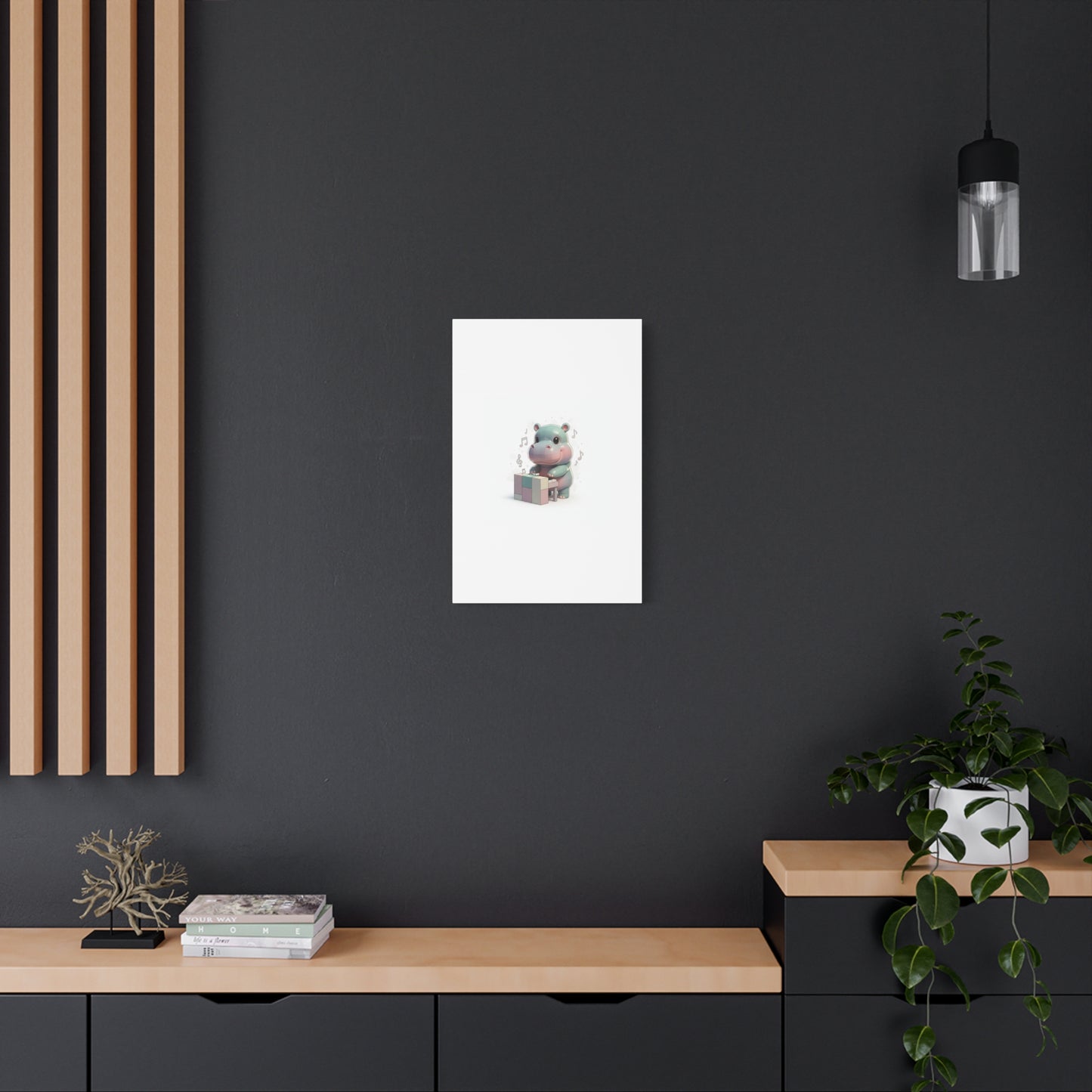 Cute Hippo Playing Piano Matte Canvas Print — Nursery Wall Art
