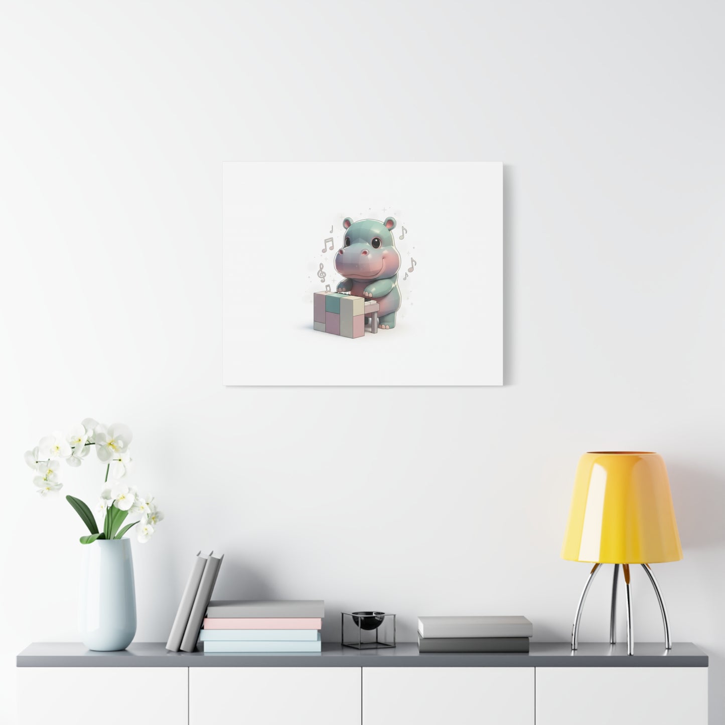 Cute Hippo Playing Piano Matte Canvas Print — Nursery Wall Art
