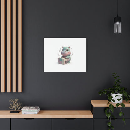 Cute Hippo Playing Piano Matte Canvas Print — Nursery Wall Art