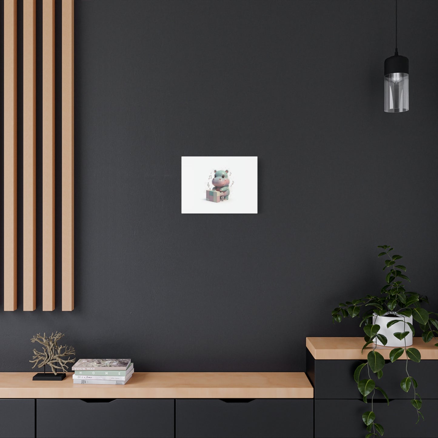 Cute Hippo Playing Piano Matte Canvas Print — Nursery Wall Art