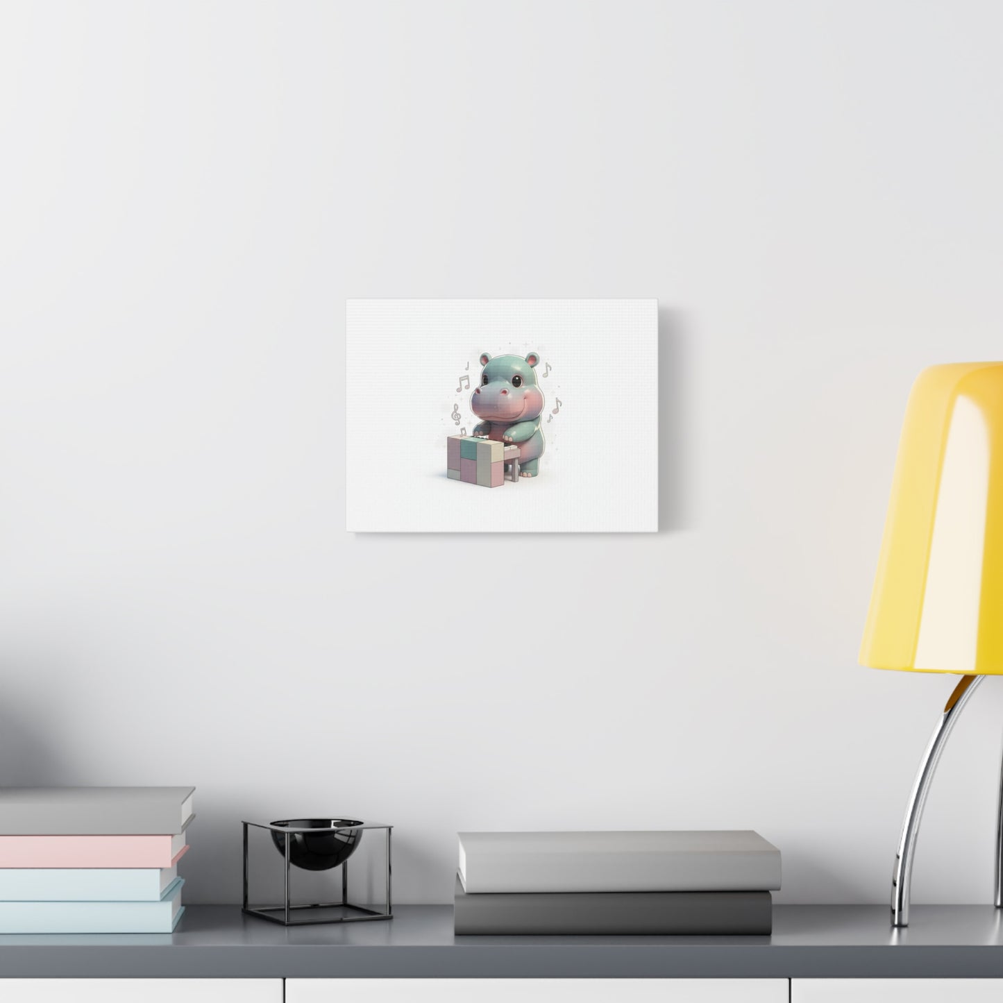 Cute Hippo Playing Piano Matte Canvas Print — Nursery Wall Art