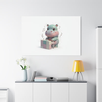 Cute Hippo Playing Piano Matte Canvas Print — Nursery Wall Art