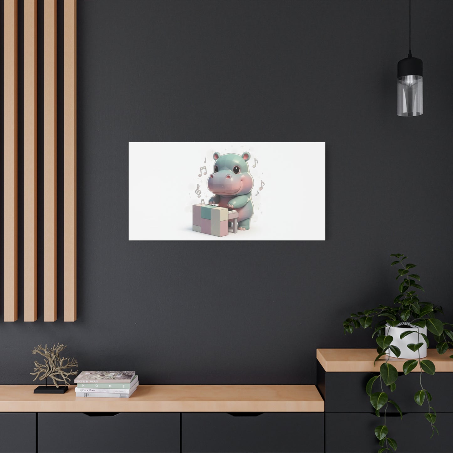 Cute Hippo Playing Piano Matte Canvas Print — Nursery Wall Art