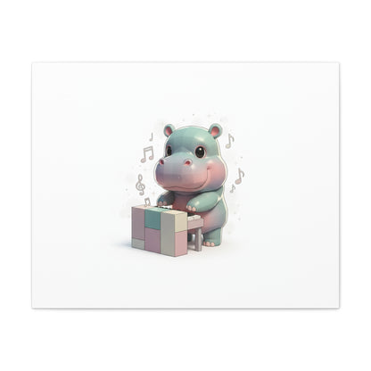 Cute Hippo Playing Piano Matte Canvas Print — Nursery Wall Art