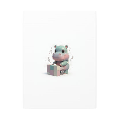 Cute Hippo Playing Piano Matte Canvas Print — Nursery Wall Art
