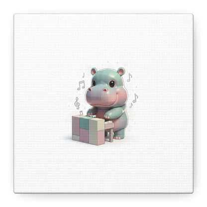 Cute Hippo Playing Piano Matte Canvas Print — Nursery Wall Art