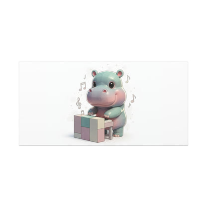Cute Hippo Playing Piano Matte Canvas Print — Nursery Wall Art
