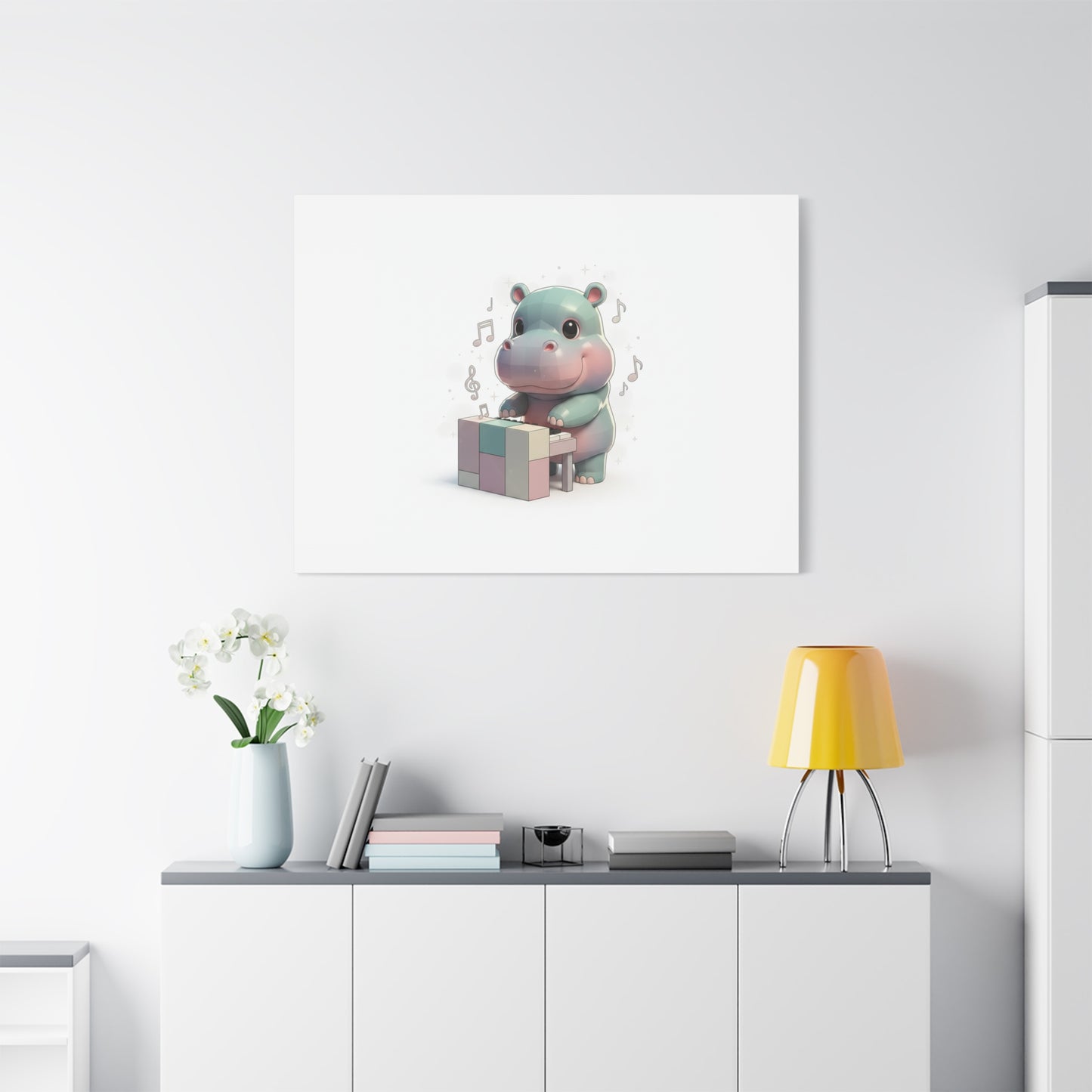 Cute Hippo Playing Piano Matte Canvas Print — Nursery Wall Art