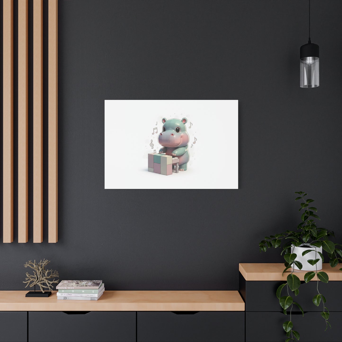 Cute Hippo Playing Piano Matte Canvas Print — Nursery Wall Art