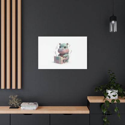 Cute Hippo Playing Piano Matte Canvas Print — Nursery Wall Art