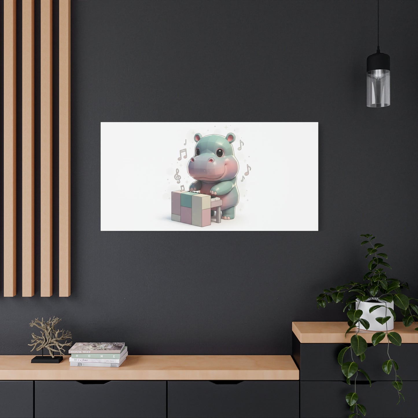Cute Hippo Playing Piano Matte Canvas Print — Nursery Wall Art