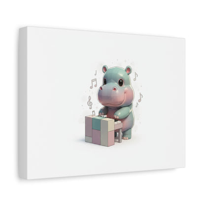 Cute Hippo Playing Piano Matte Canvas Print — Nursery Wall Art
