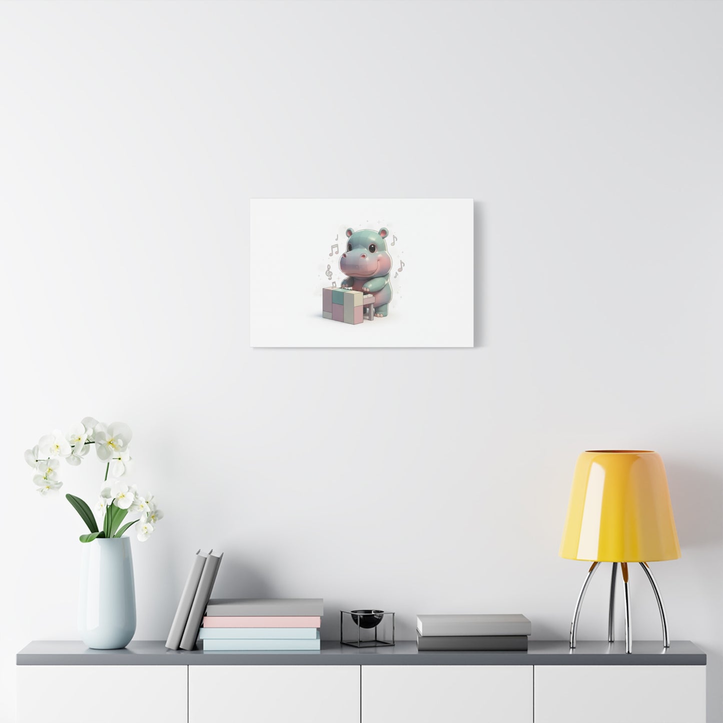 Cute Hippo Playing Piano Matte Canvas Print — Nursery Wall Art