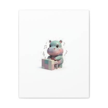 Cute Hippo Playing Piano Matte Canvas Print — Nursery Wall Art