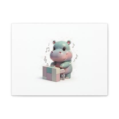 Cute Hippo Playing Piano Matte Canvas Print — Nursery Wall Art