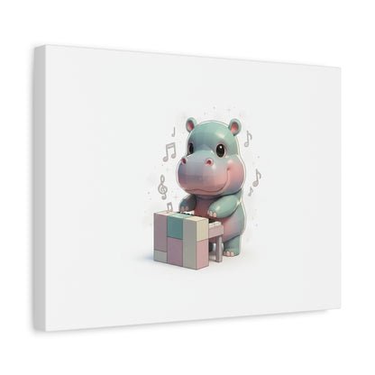 Cute Hippo Playing Piano Matte Canvas Print — Nursery Wall Art