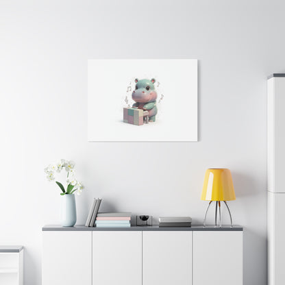 Cute Hippo Playing Piano Matte Canvas Print — Nursery Wall Art